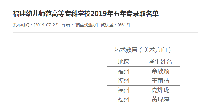 福建幼儿师范高等专科学校录取查询